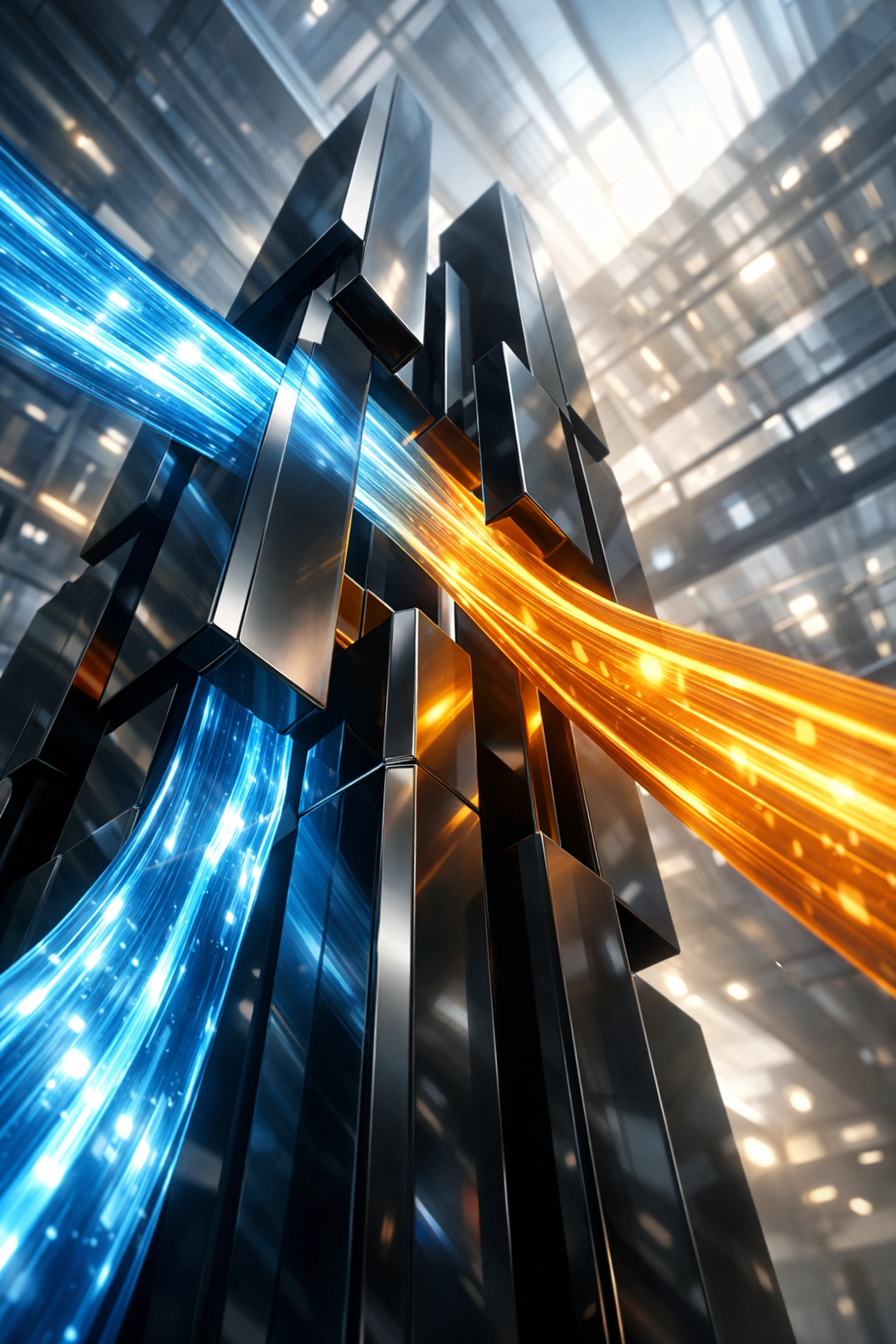 Abstract digital data streams representing technical excellence and automated infrastructure for operational excellence.