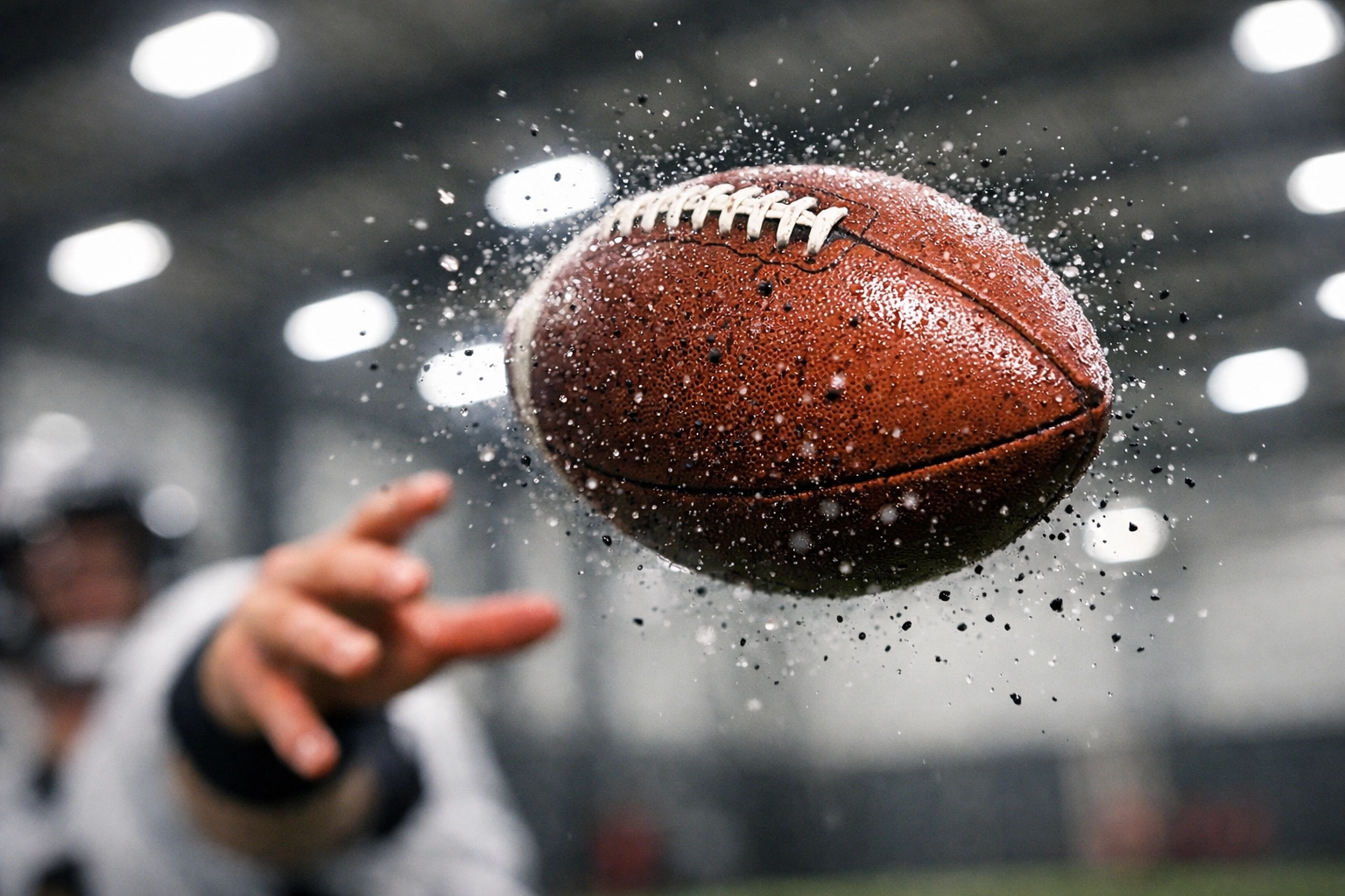 Close-up of a football release showing how to throw a football with precision during quarterback drills.