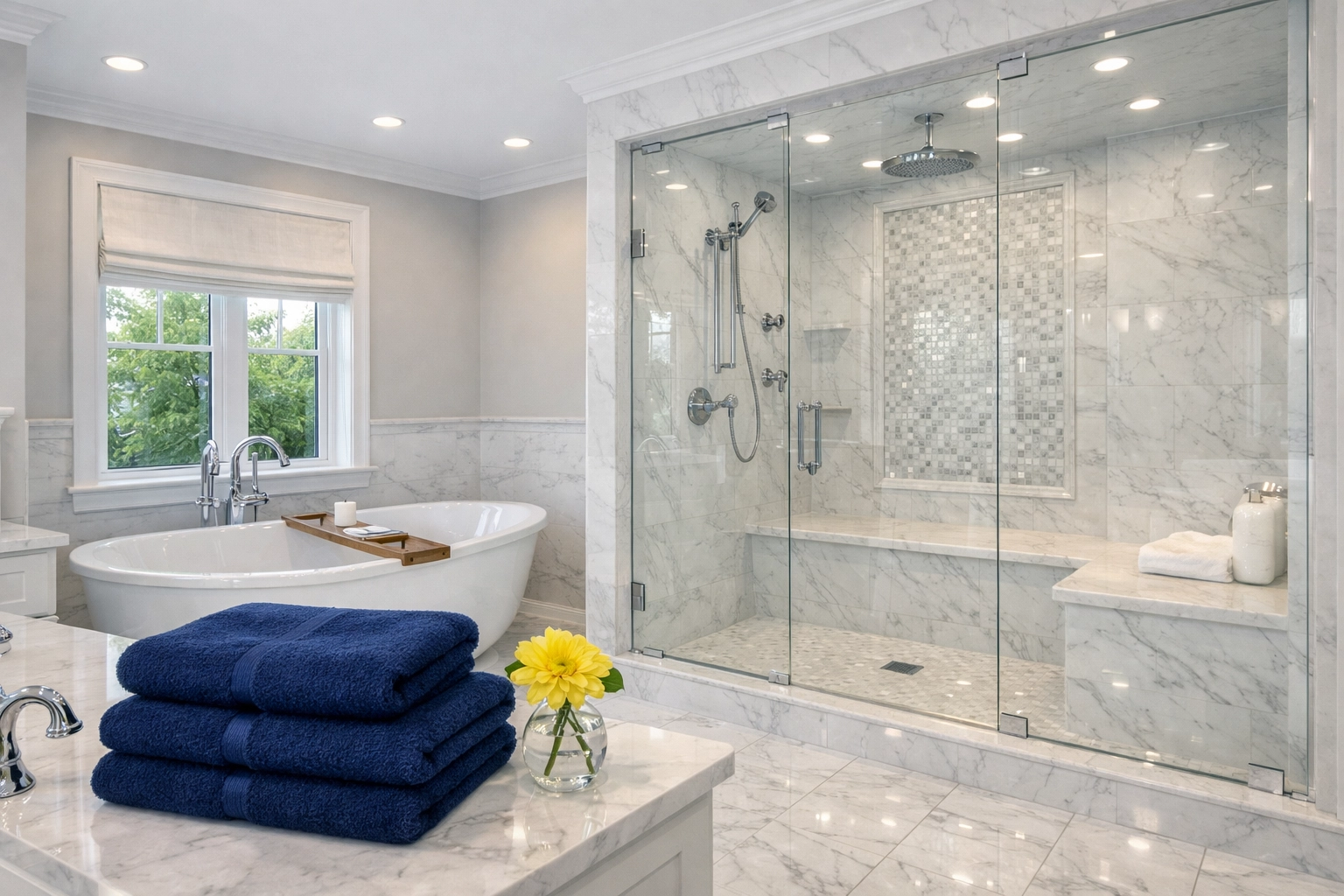 Sanitized spa-style master bathroom in a Groton residence following a professional move-in deep clean.