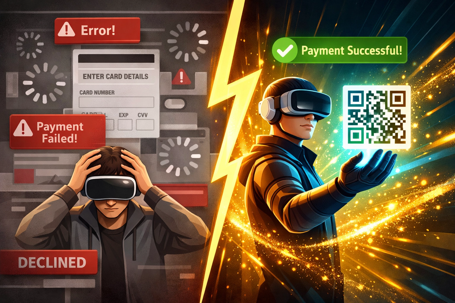 Split view comparing traditional checkout vs instant crypto QR code payment in VR commerce
