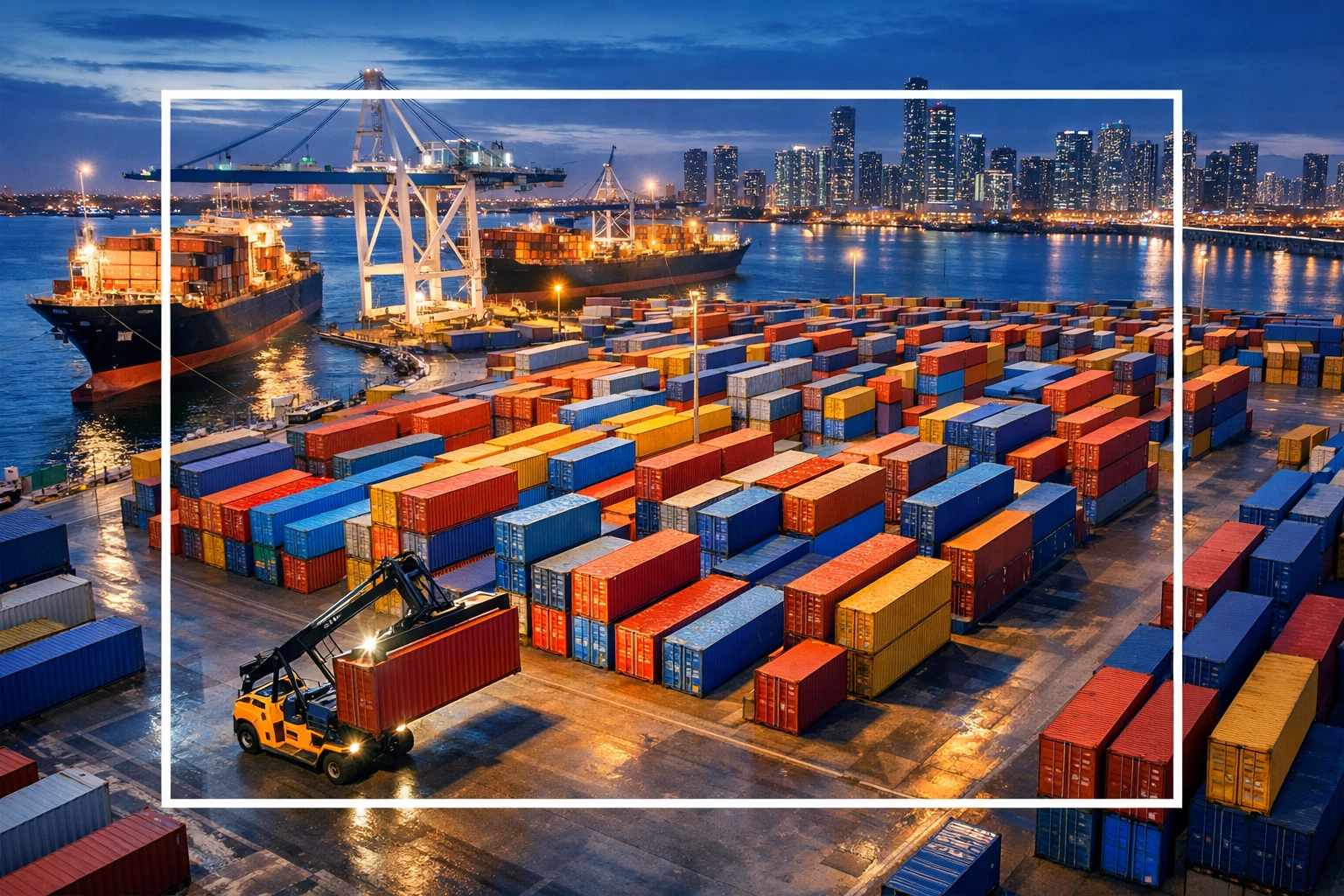 Miami port terminal with cargo containers and freight operations showing logistics complexity