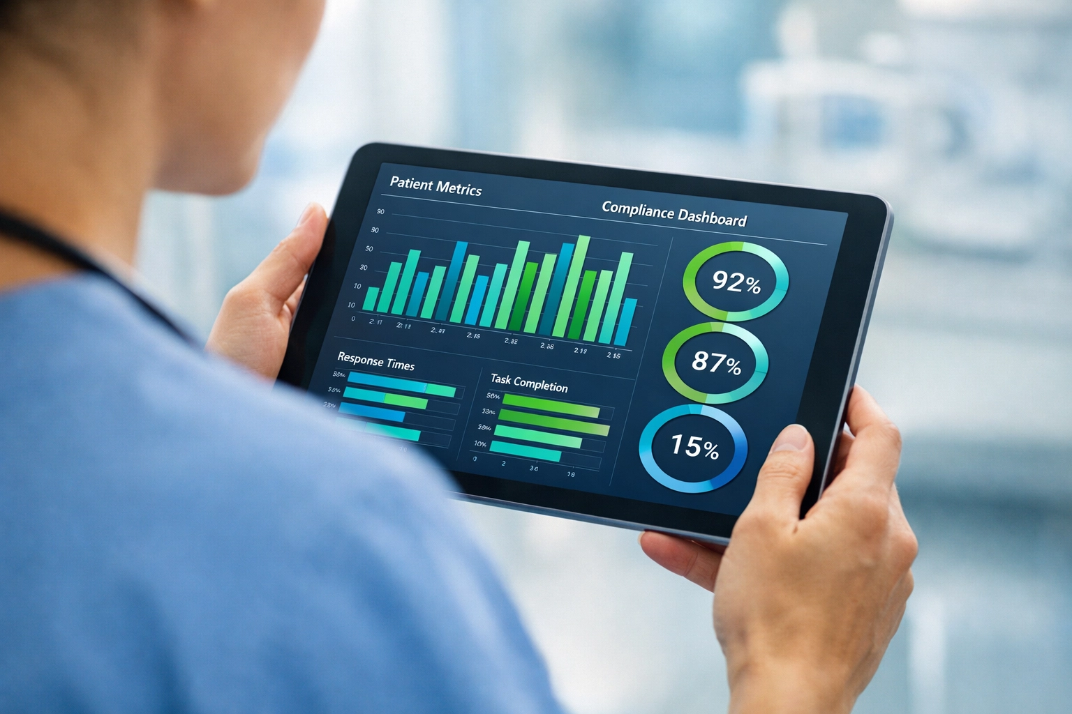 Clinician reviewing real-time compliance metrics on tablet for automated quality scoring