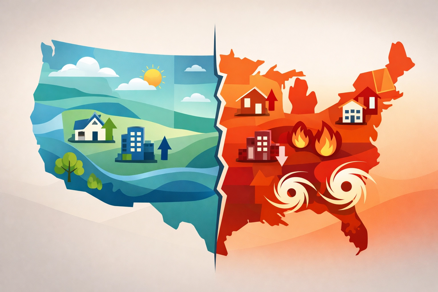 US map showing property insurance market divide between stable non-CAT zones and high-risk catastrophe areas