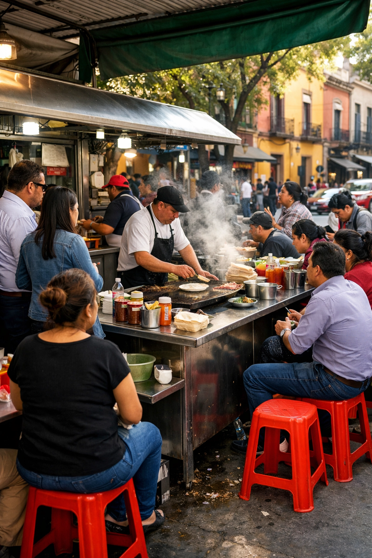 Locals eating at a Mexico City street food stall, a top destination for best cheap eats and budget travel food.