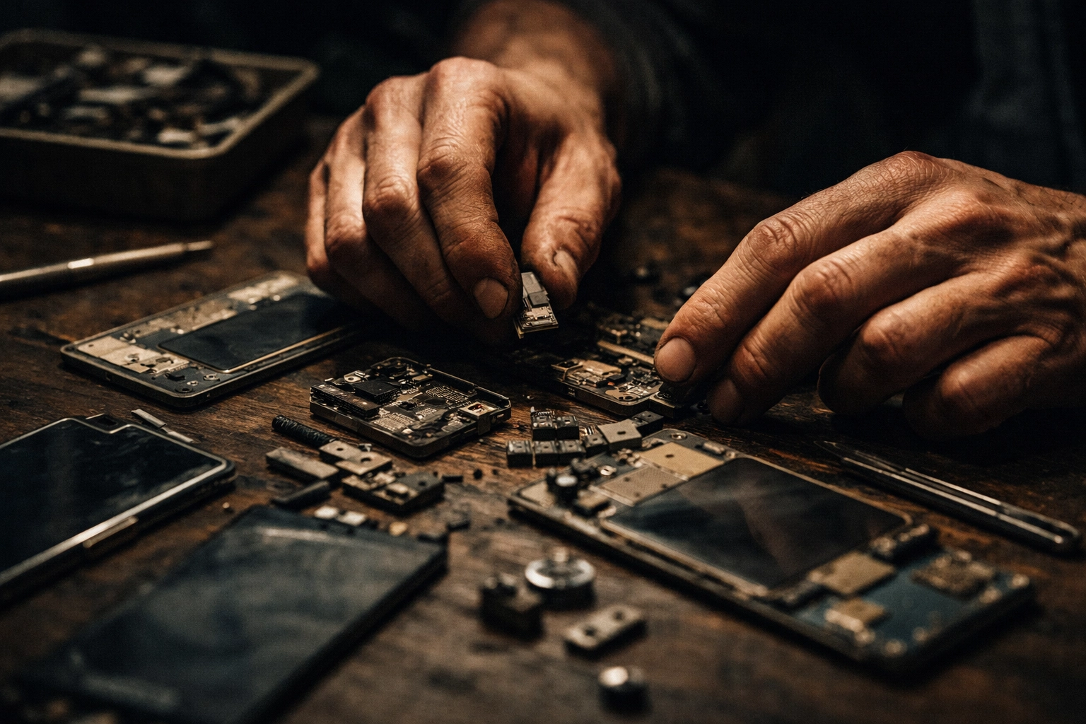 Technician sorting various aftermarket iPhone components on a wooden workbench, illustrating parts quality choices.