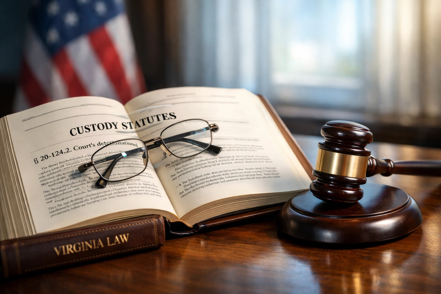 Virginia custody law book and gavel representing legal expertise in family law
