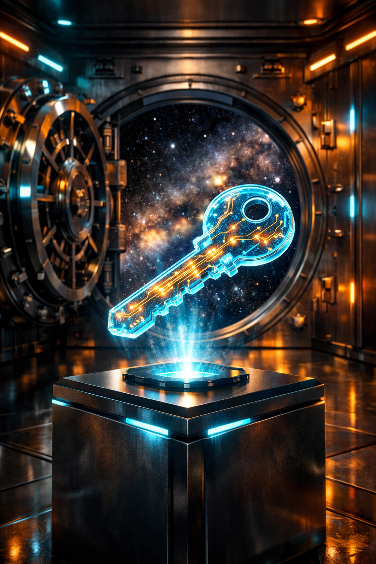 Secure digital key and open vault symbolizing self-custody of crypto merchant funds with Larecoin.