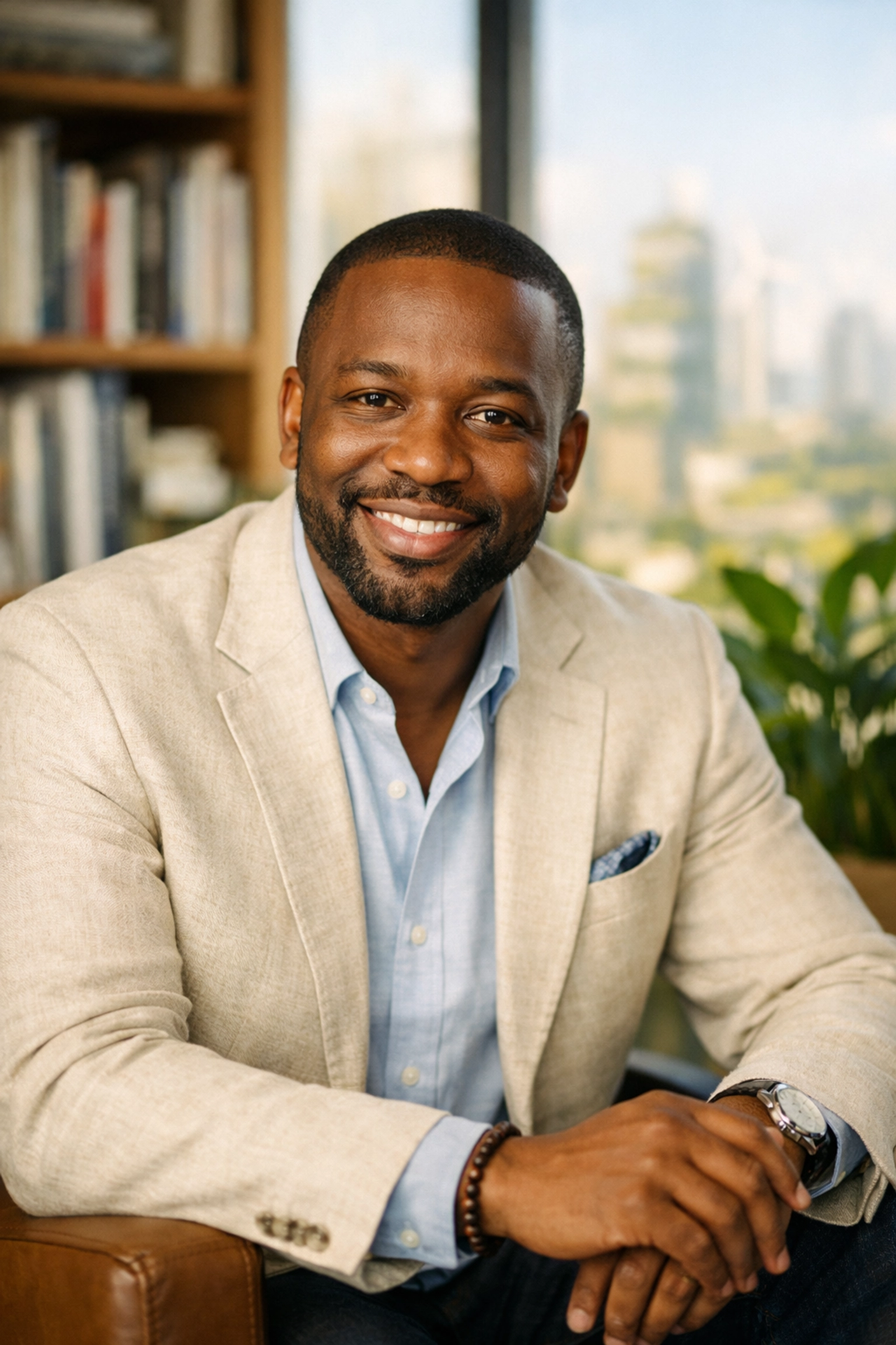 Portrait of Malibongwe Gcwabaza, CEO and sustainability expert, in a modern eco-friendly office.
