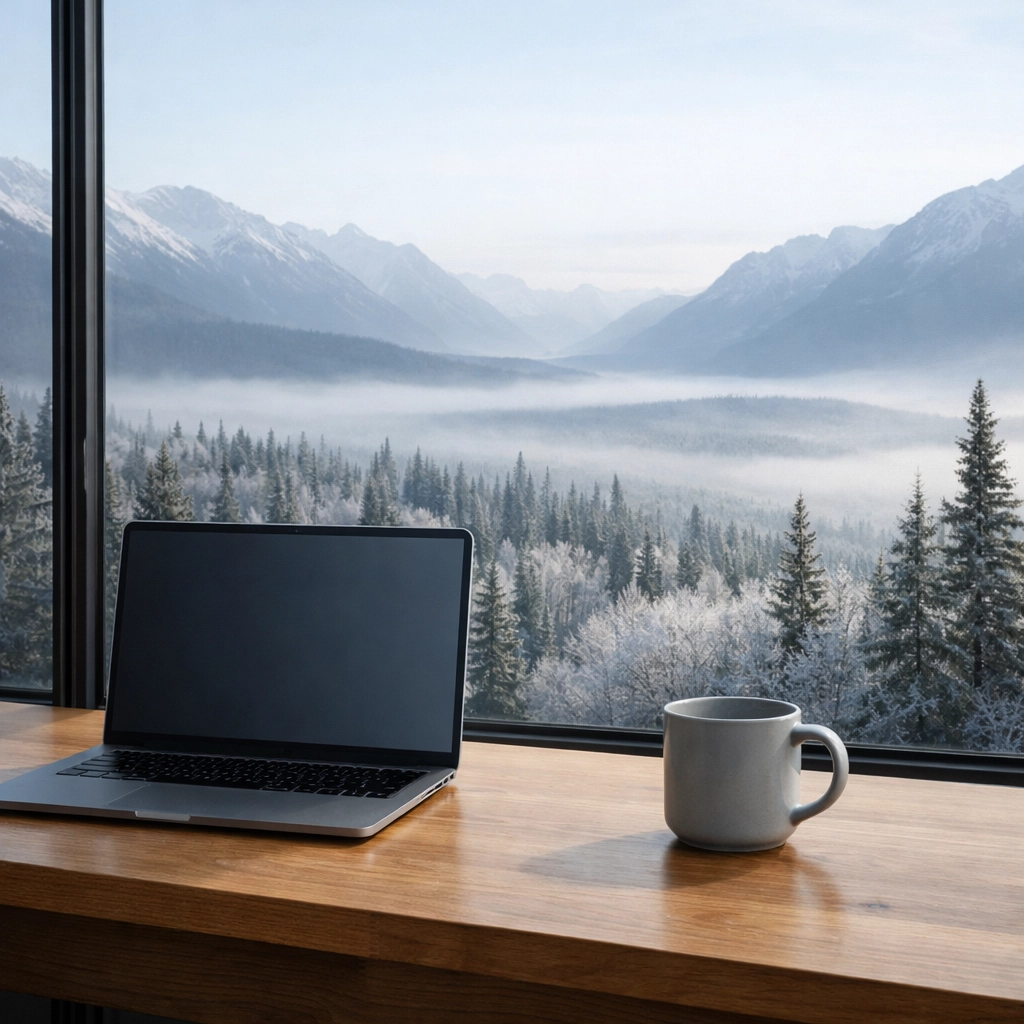 A clean office desk overlooking snowy mountains, representing peace of mind for business owners.