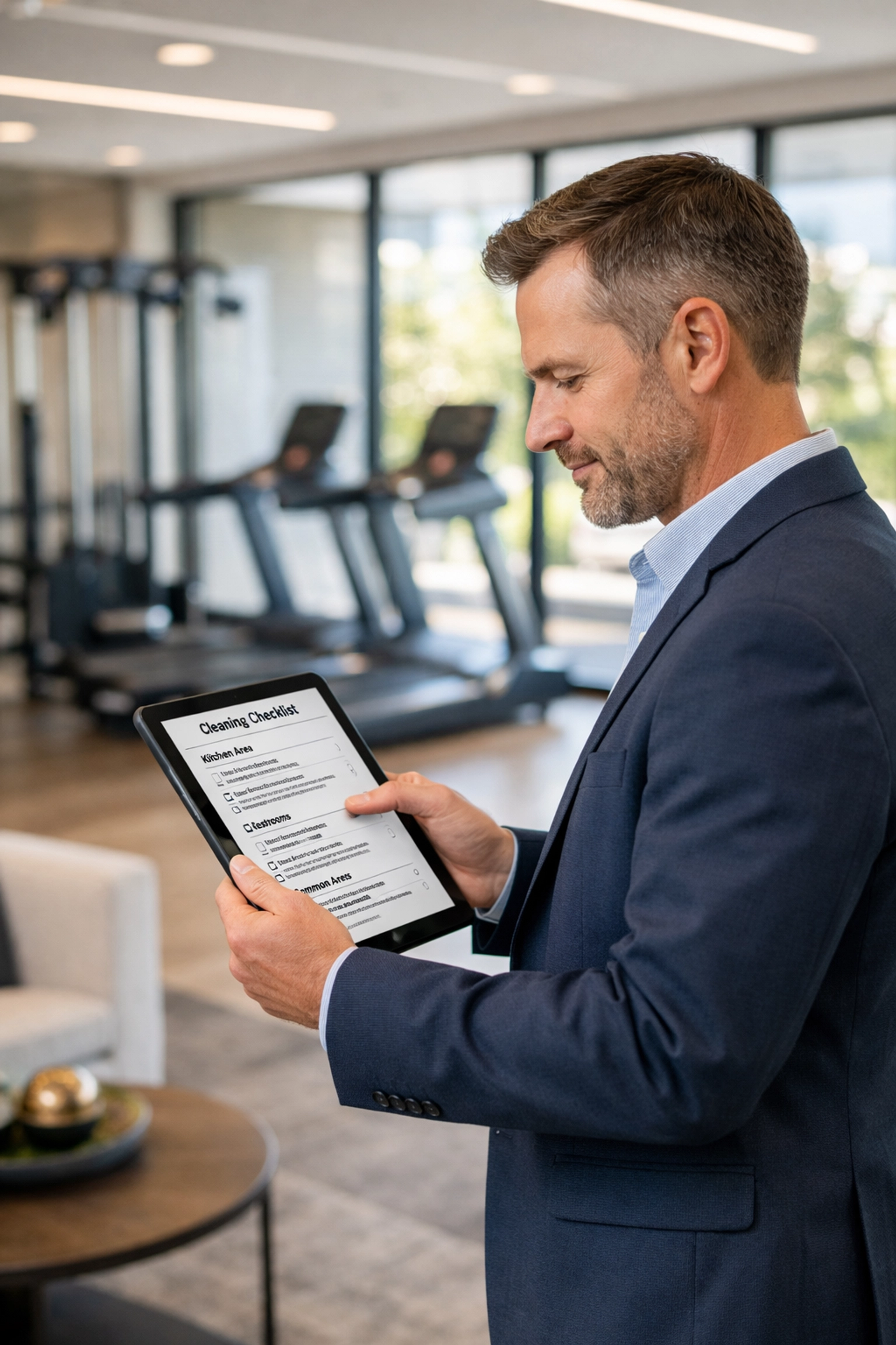 Property manager reviewing cleaning documentation on tablet in multifamily amenity space