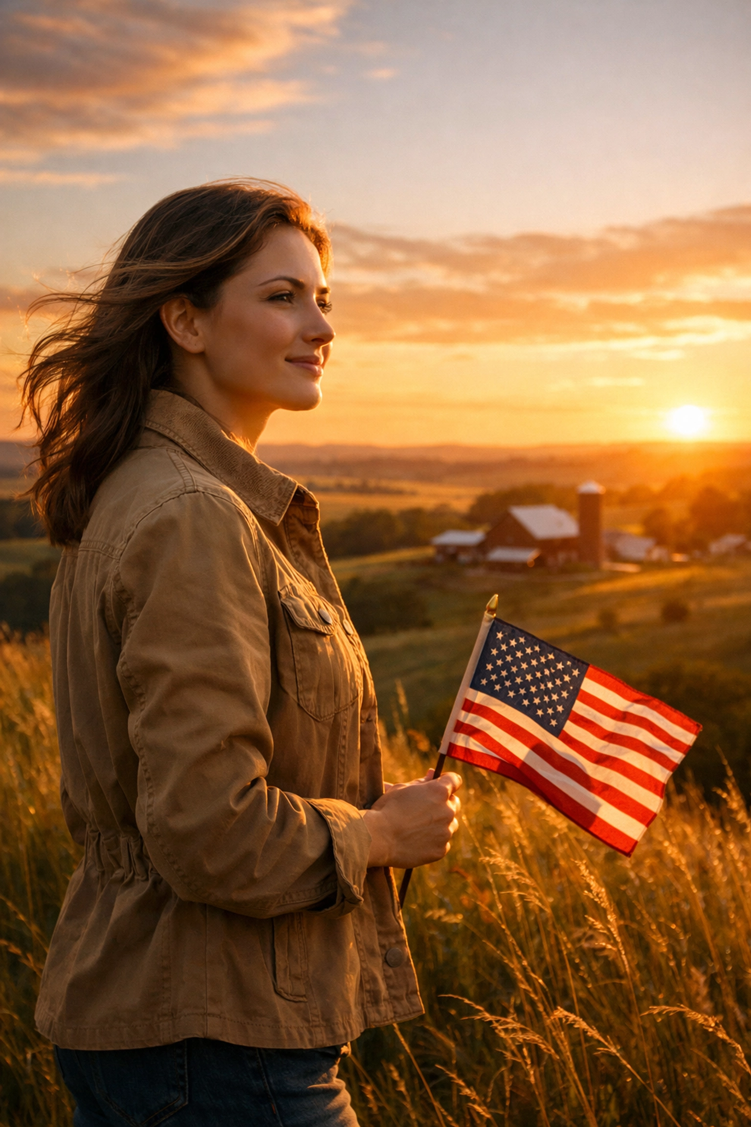 An inspired woman holding an American flag at sunset, symbolizing a bright future for the Republic.