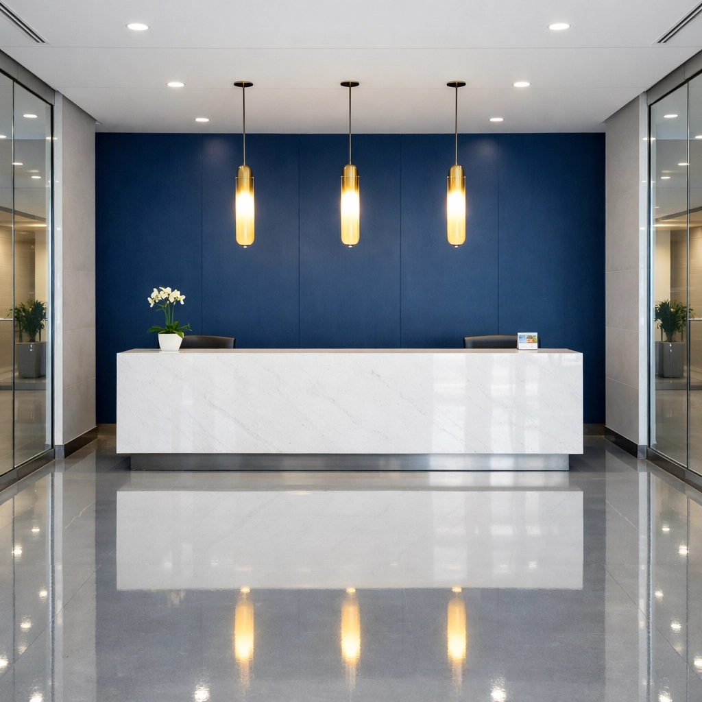 A sanitized and polished commercial lobby in Southbridge reflecting expert janitorial services.