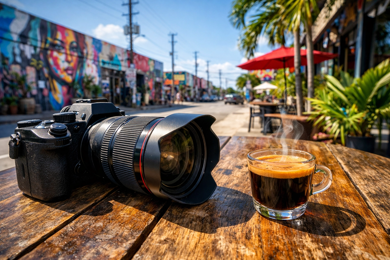 A professional camera and Cuban coffee in Wynwood capturing Miami commercial photography vibes.