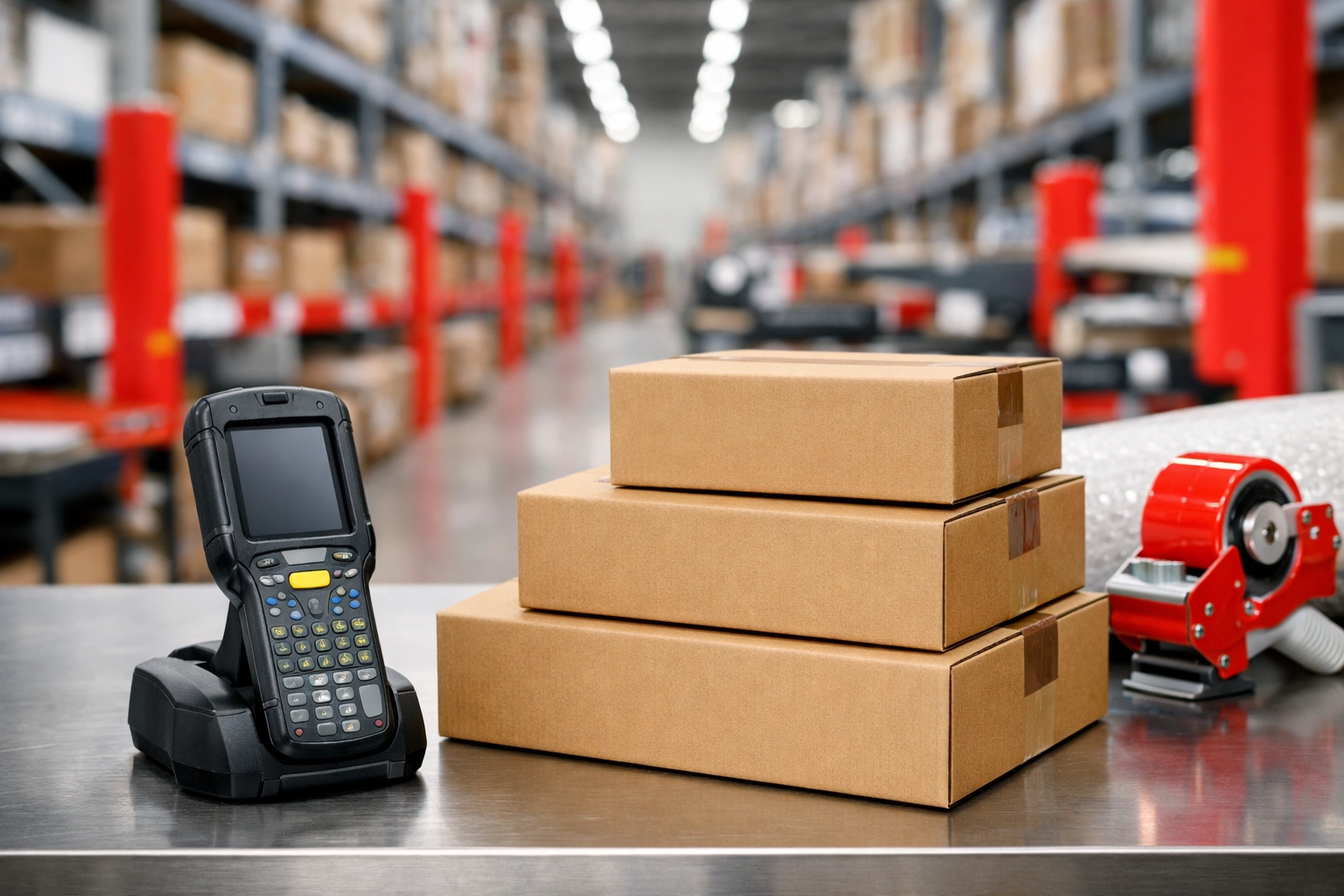 Modern warehouse and fulfilment workstation in Hertford optimized for retail logistics and e-commerce shipping.