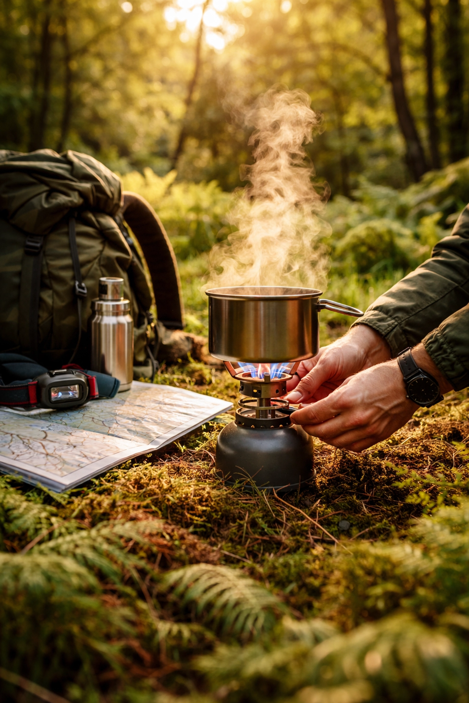 Camper testing a camping stove in a lush UK forest, preparing essential wild camping gear