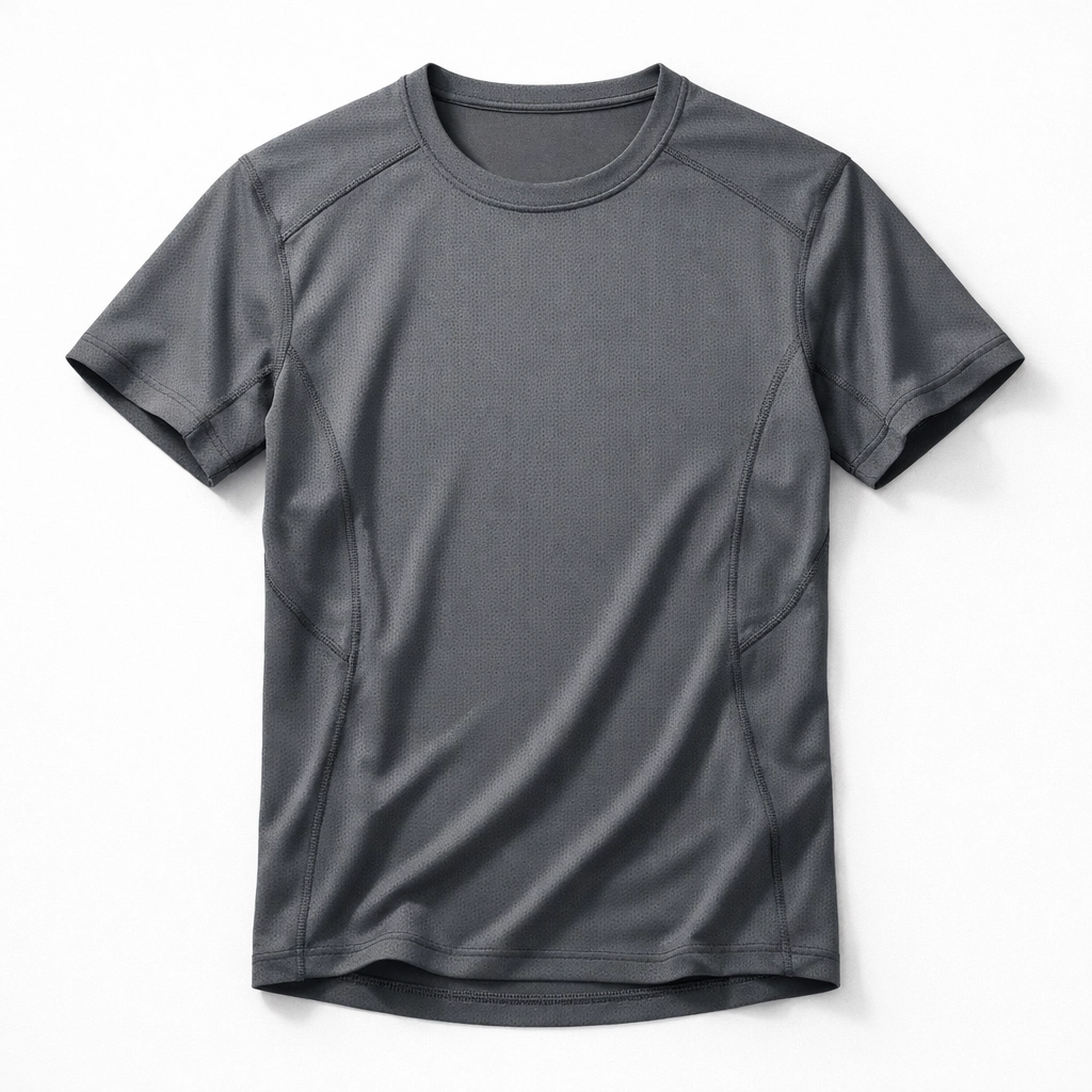 Properly fitted performance CrossFit shirt for men showing moisture-wicking fabric texture