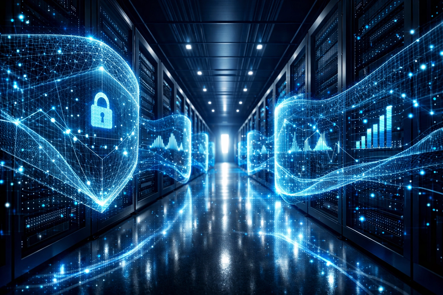 Digital holographic shield protecting server racks, representing AI-driven network security and proactive IT monitoring.