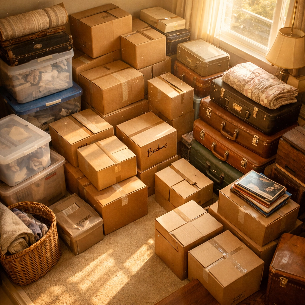 Packed boxes and belongings in bedroom showing downsizing overwhelm and grief