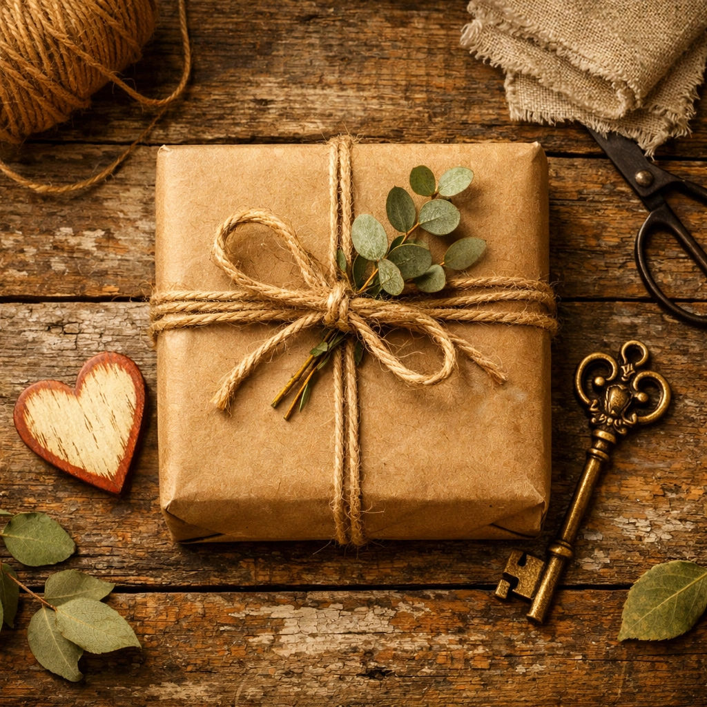 Beautifully wrapped handcrafted gift on rustic wood with twine and eucalyptus for a personal touch.