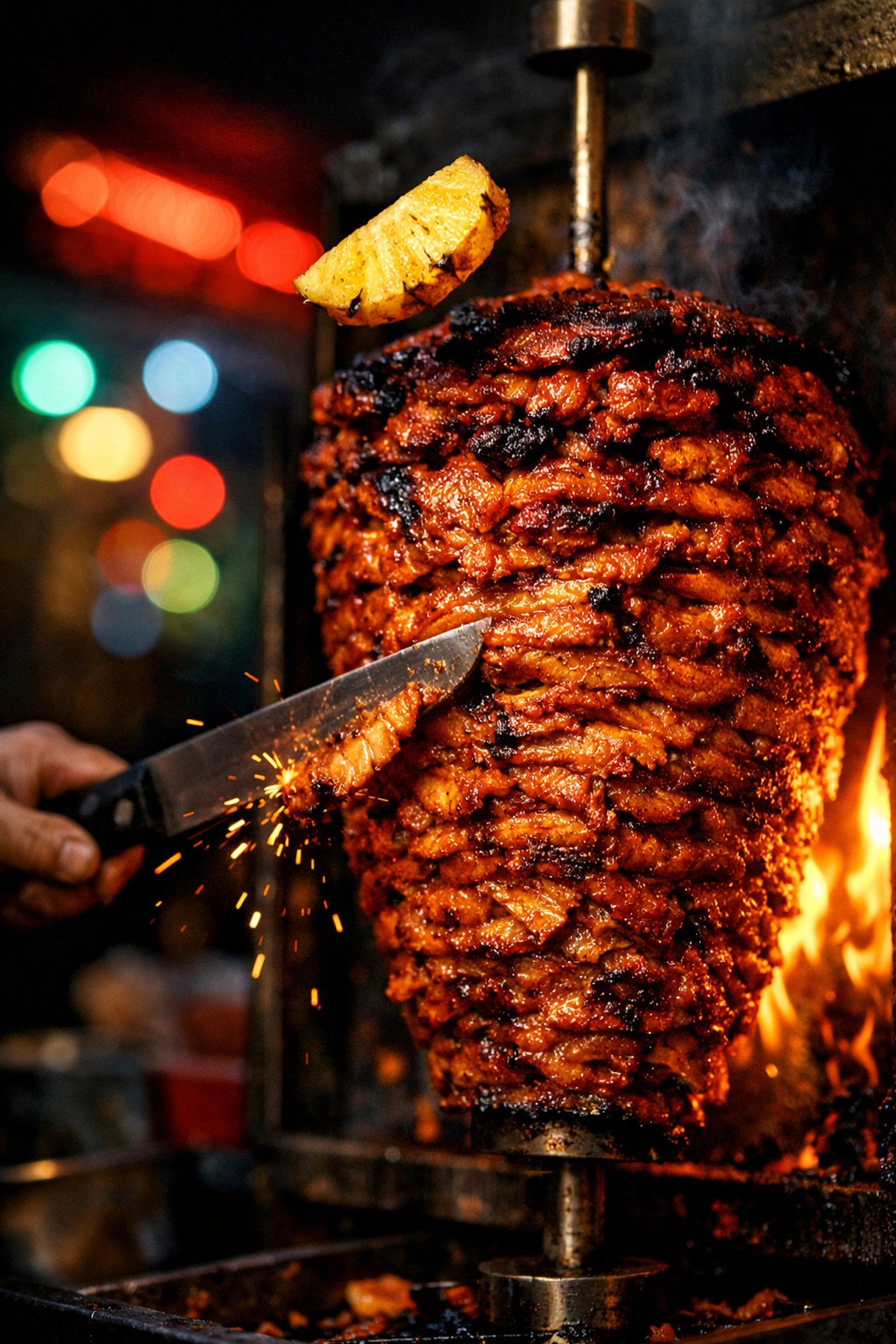 The Ultimate Guide to Mexico City Street Food: Everything You Need to Succeed on a Budget 4 Close-up of marinated al pastor pork on a vertical rotisserie at a night taco stand.
