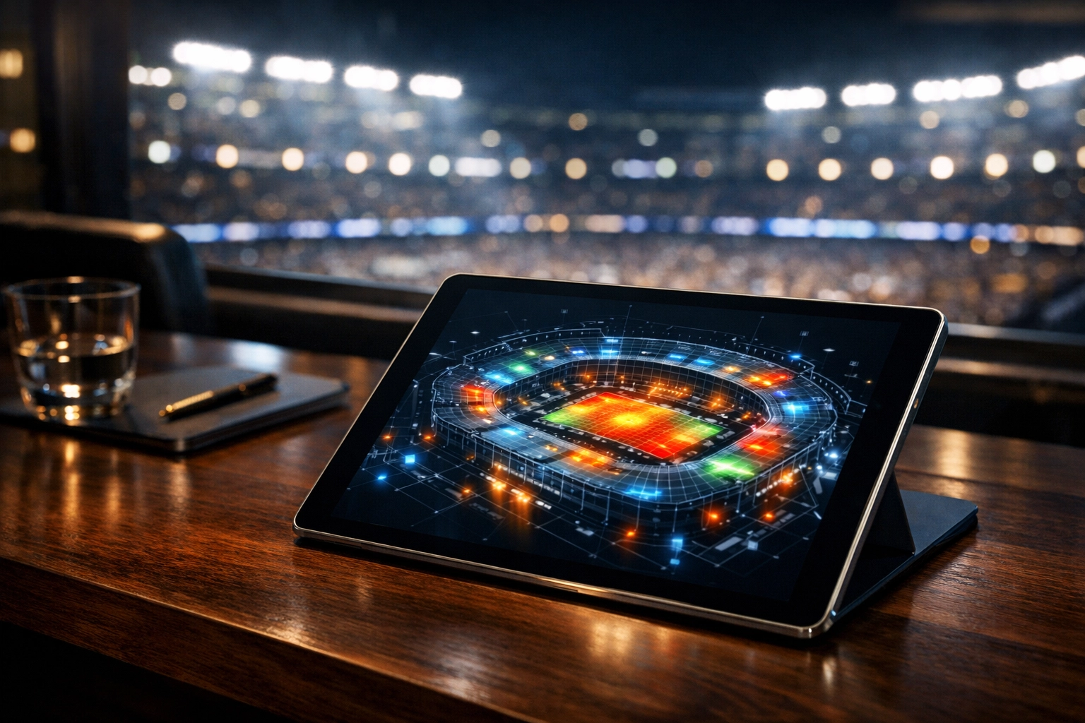 Data-driven B2B sports marketing framework shown on a digital tablet within a prestigious stadium VIP box.