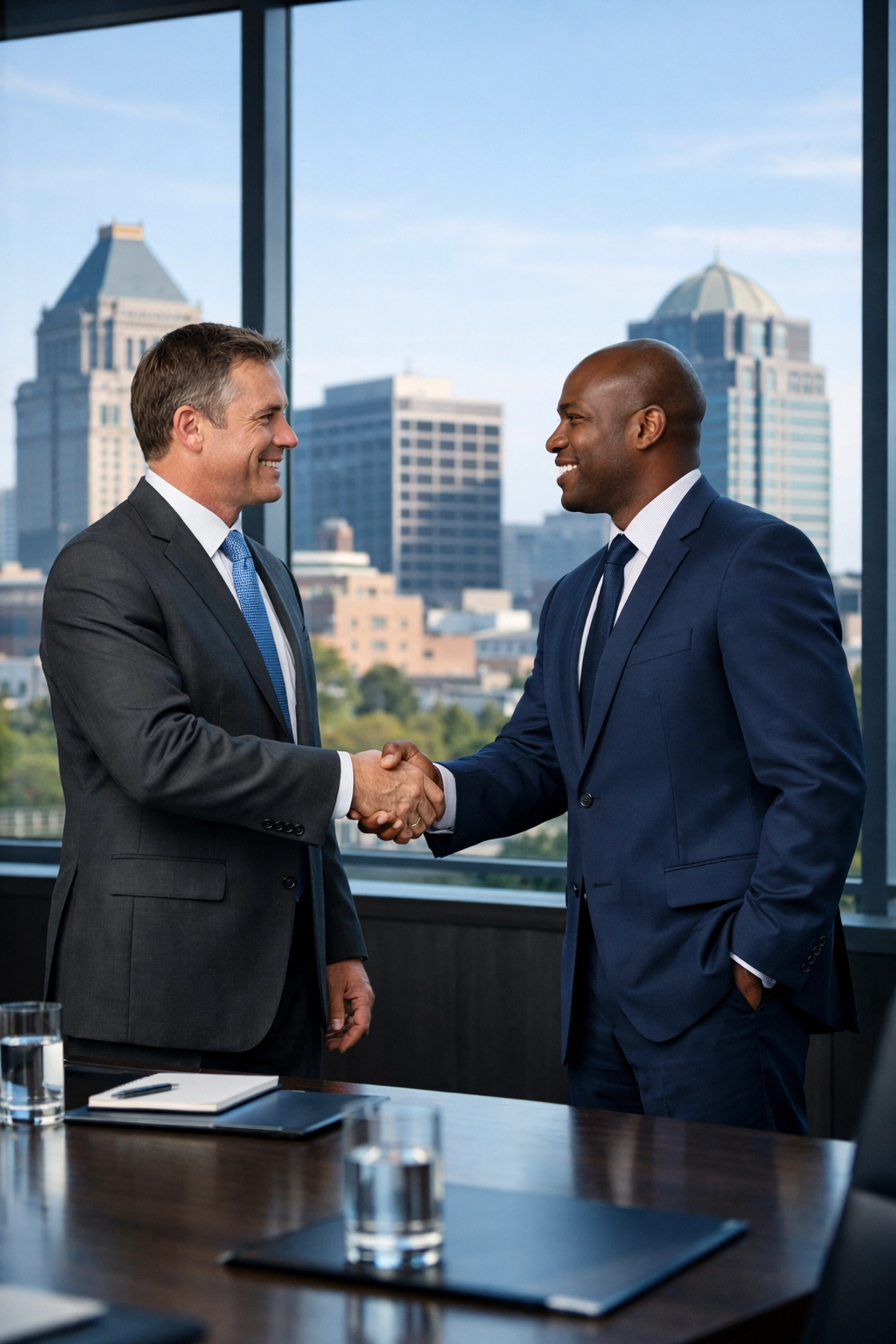 Professionals shaking hands on a pest control business sale in a Greensboro NC boardroom.