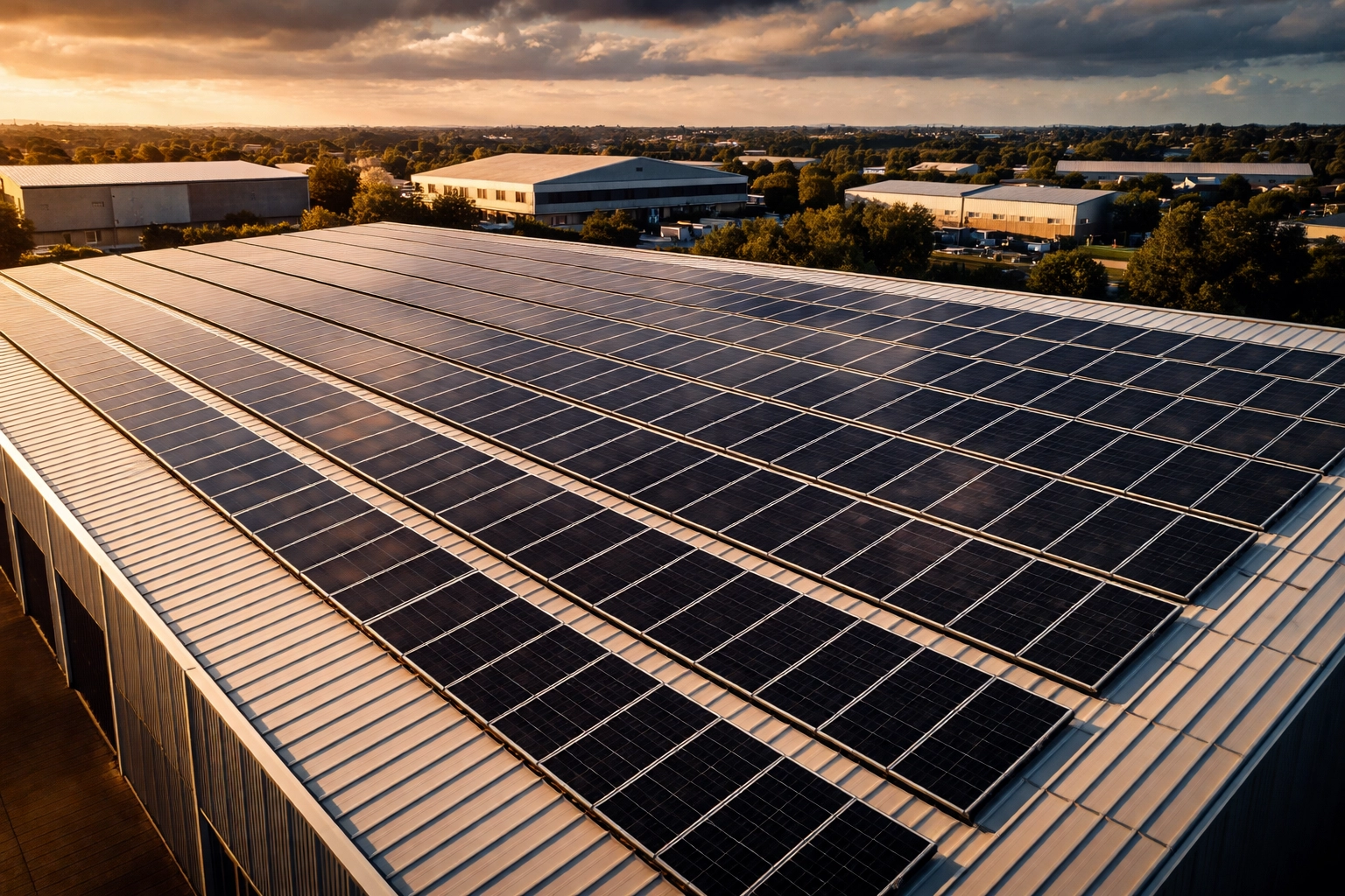 Aerial view of UK commercial warehouse rooftop with installed solar panels under sunlight