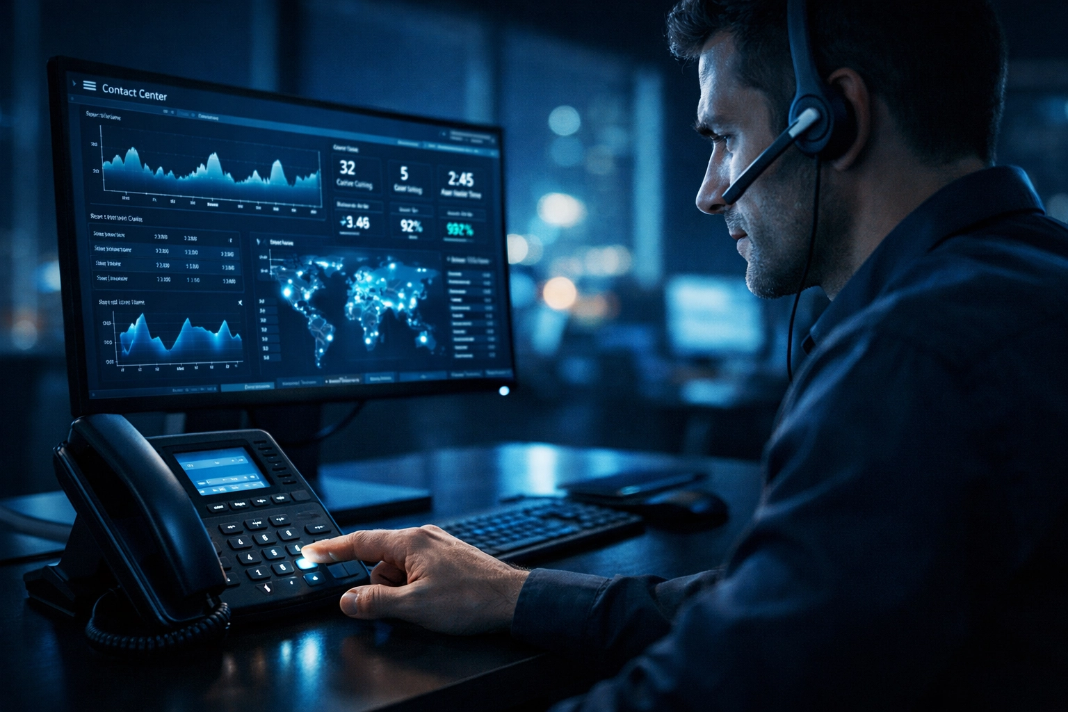 A professional contact center agent using a high-tech workstation to manage secure business communications.