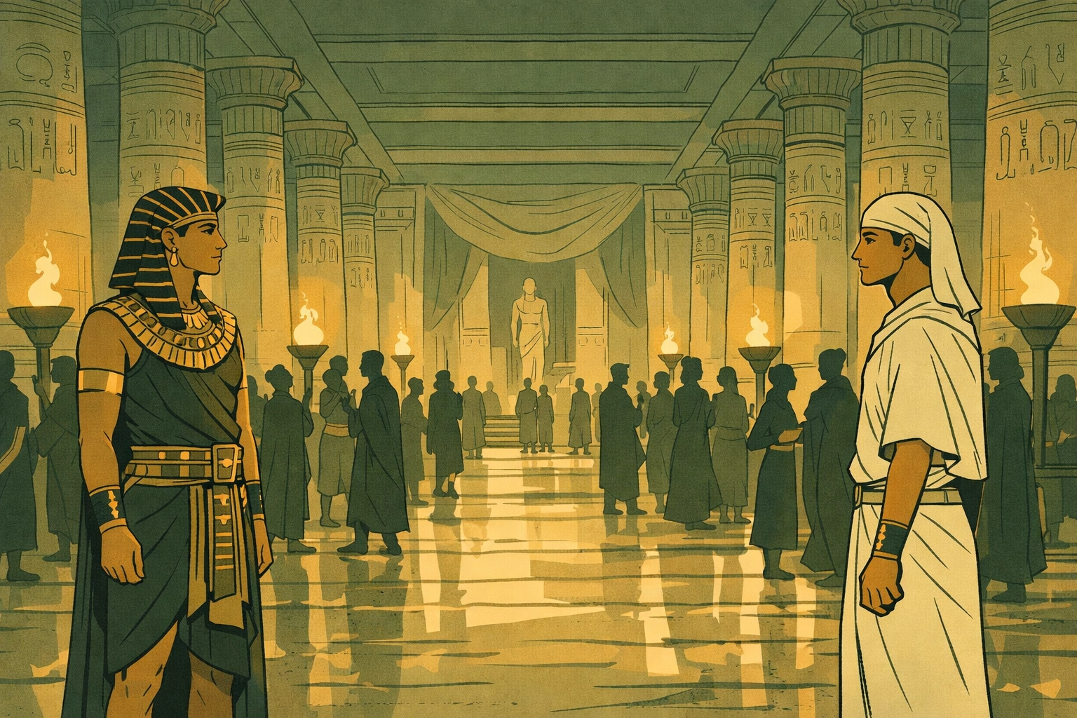Two men in ancient Egyptian royal attire exchange longing glances across crowded palace hall with hieroglyphic pillars