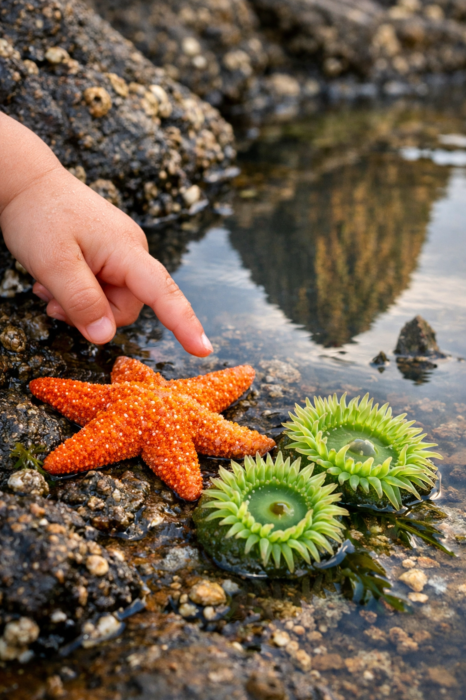 Child exploring colorful starfish in a tide pool at Haystack Rock on the Oregon Coast.
