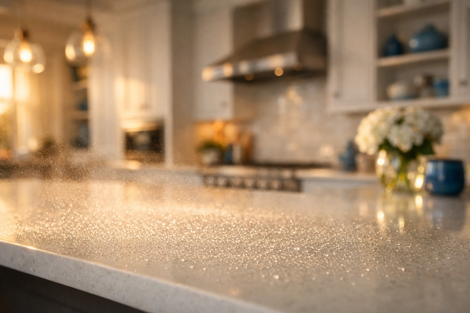 Cleaning solution mist sitting on a white quartz kitchen island in an Acton home to allow for proper dwell time.