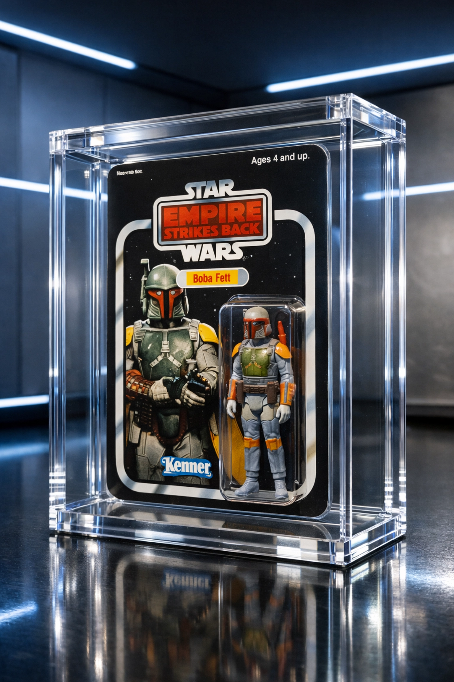 Mint condition Star Wars figure stored safely in a professional acrylic display case.