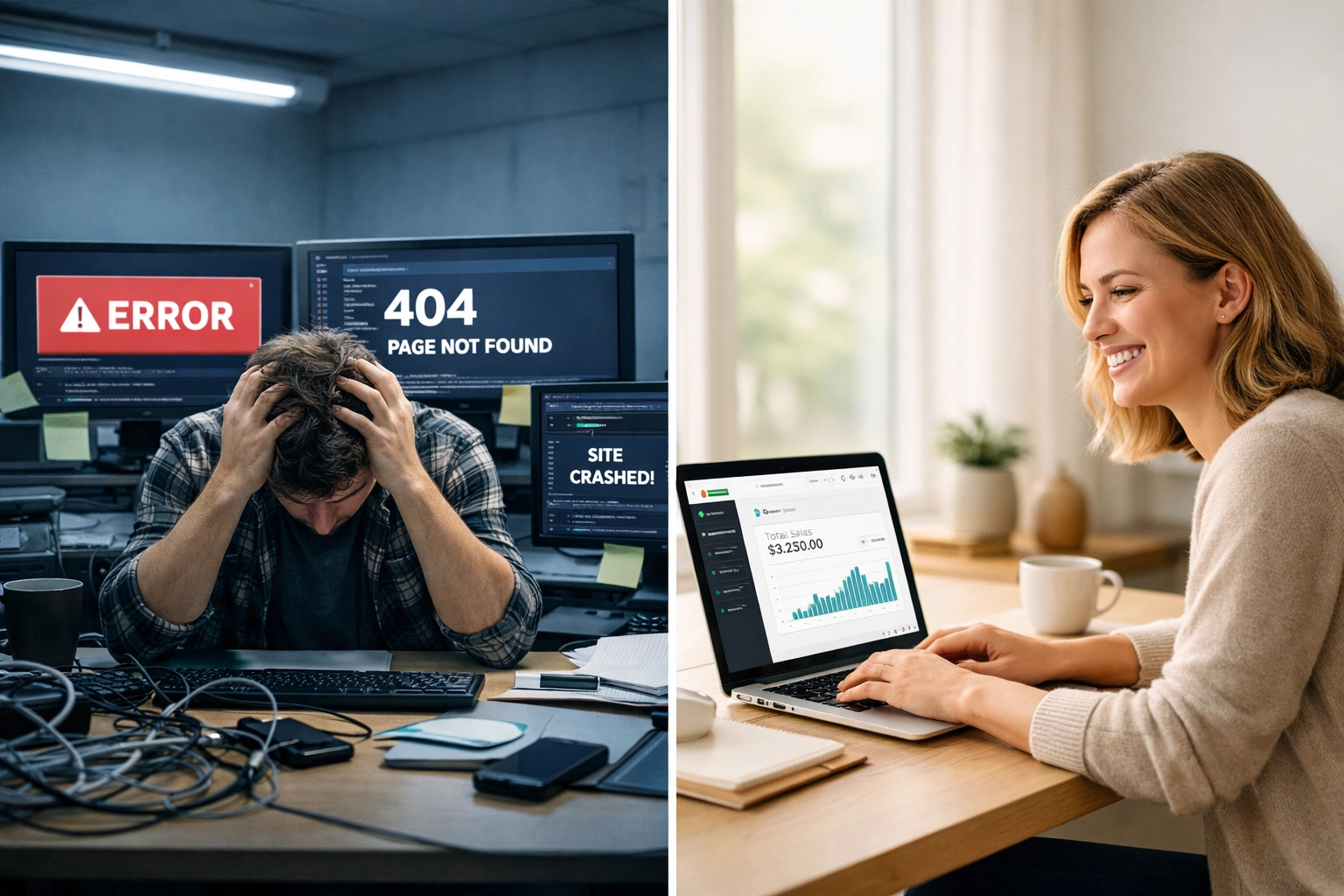 Comparison of cluttered Magento workspace versus streamlined Shopify Plus setup for ecommerce merchants