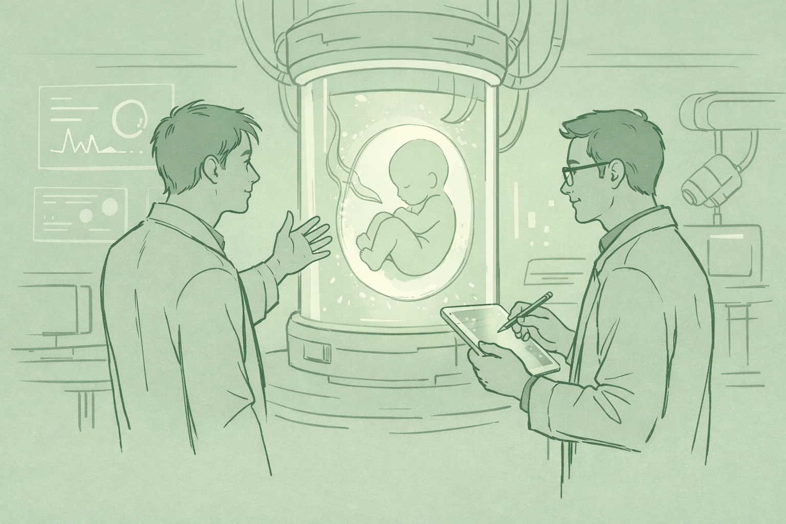 Two men examine artificial womb technology in futuristic lab - LGBTQ+ sci-fi Bloodlines and Legacies