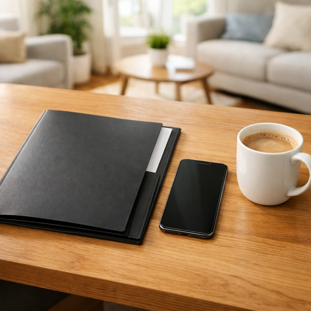 Organized office desk with paperwork prepared for a landlord property valuation and mortgage process.