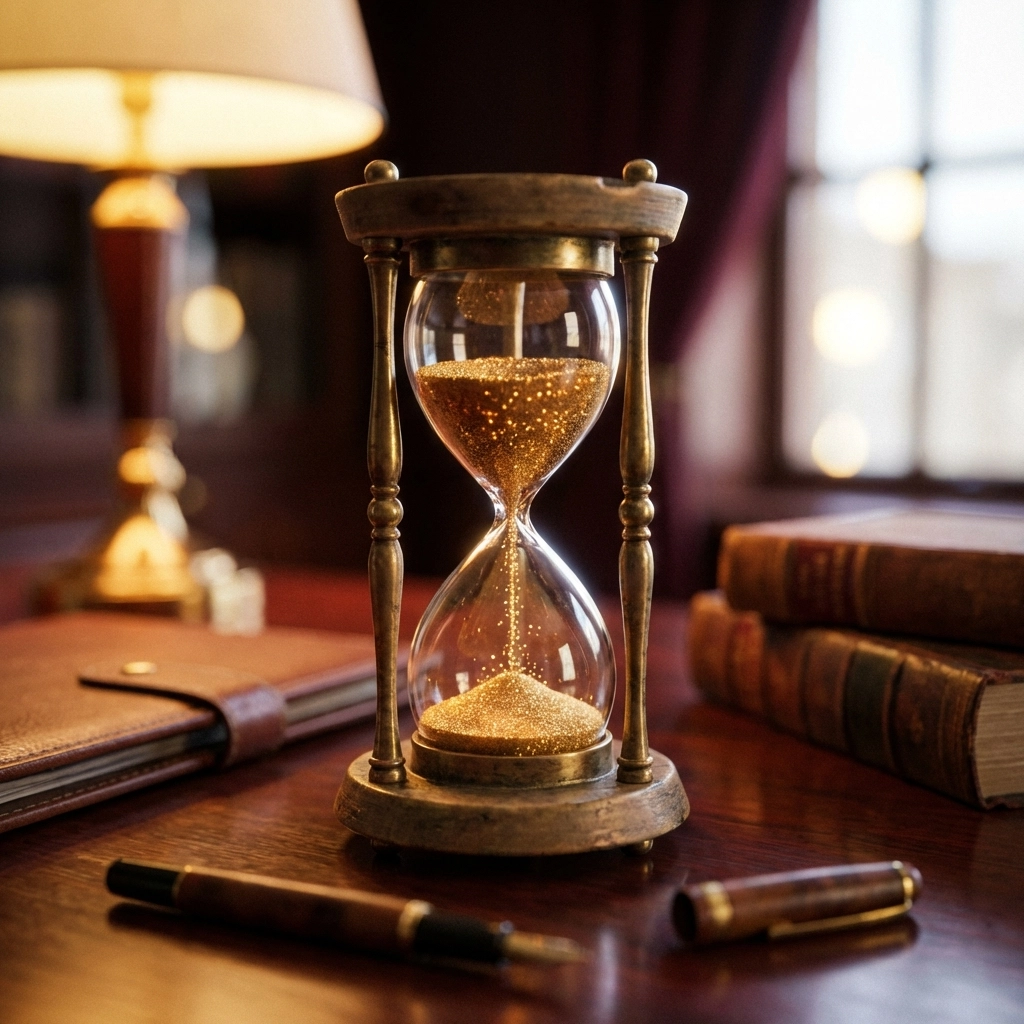 Close-up of an elegant hourglass with golden sand, highlighting attentive fee evaluation and wealth management.