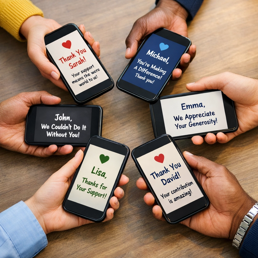 Multiple donors receiving personalized SMS fundraising messages on their smartphones