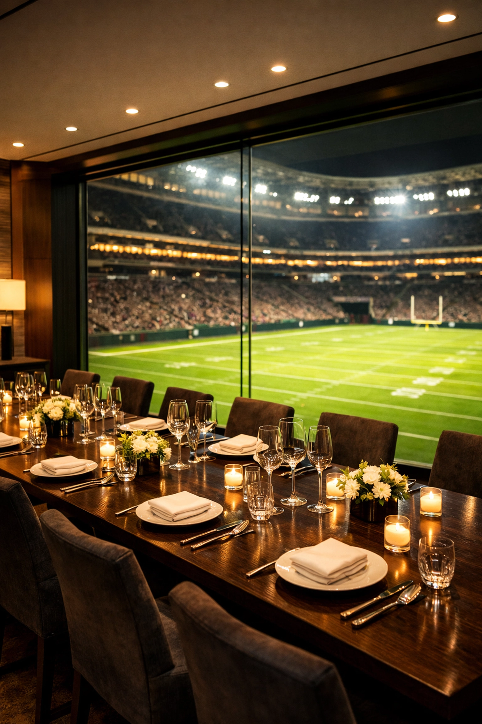 Luxury stadium suite dining room with a view of the football field for executive hospitality events.