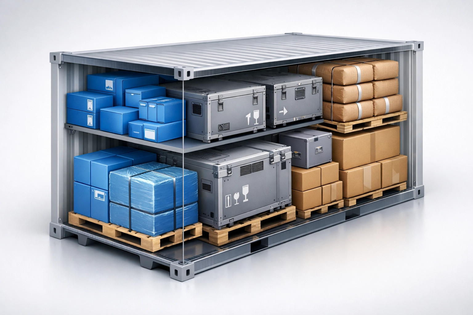 Shipping container efficiently packed with electronics and machinery for LCL freight