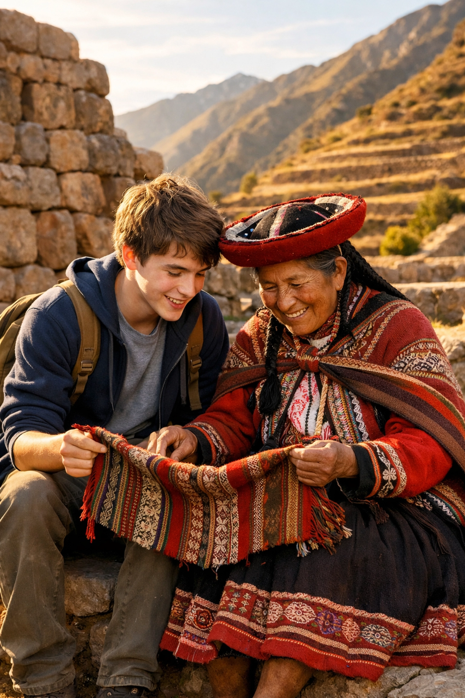 High school student engaging in cultural immersion with a Quechua weaver in the Peru Sacred Valley.