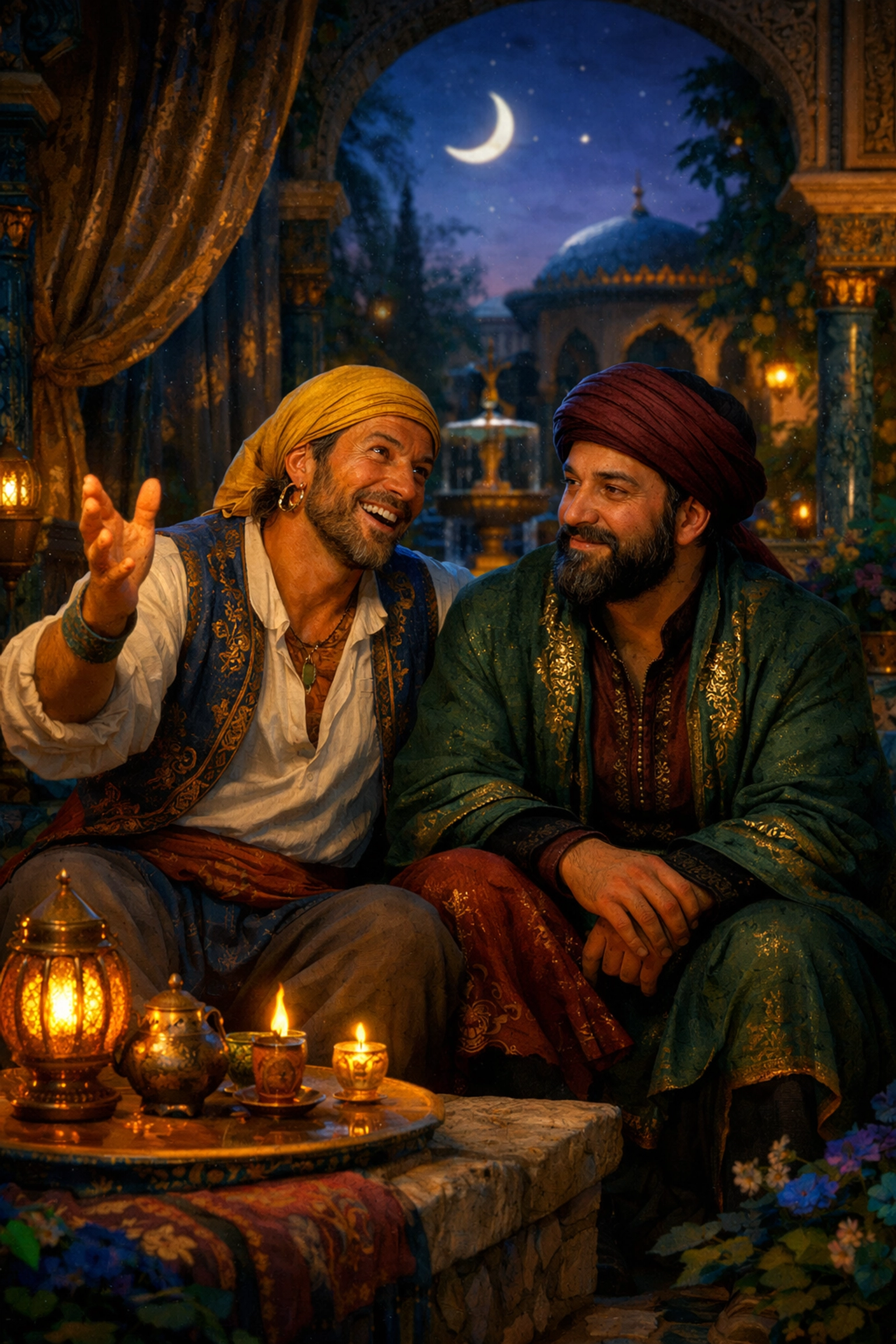 A grumpy merchant and sunshine mariner sharing a romantic conversation, typical of grumpy x sunshine mm romance ebooks.