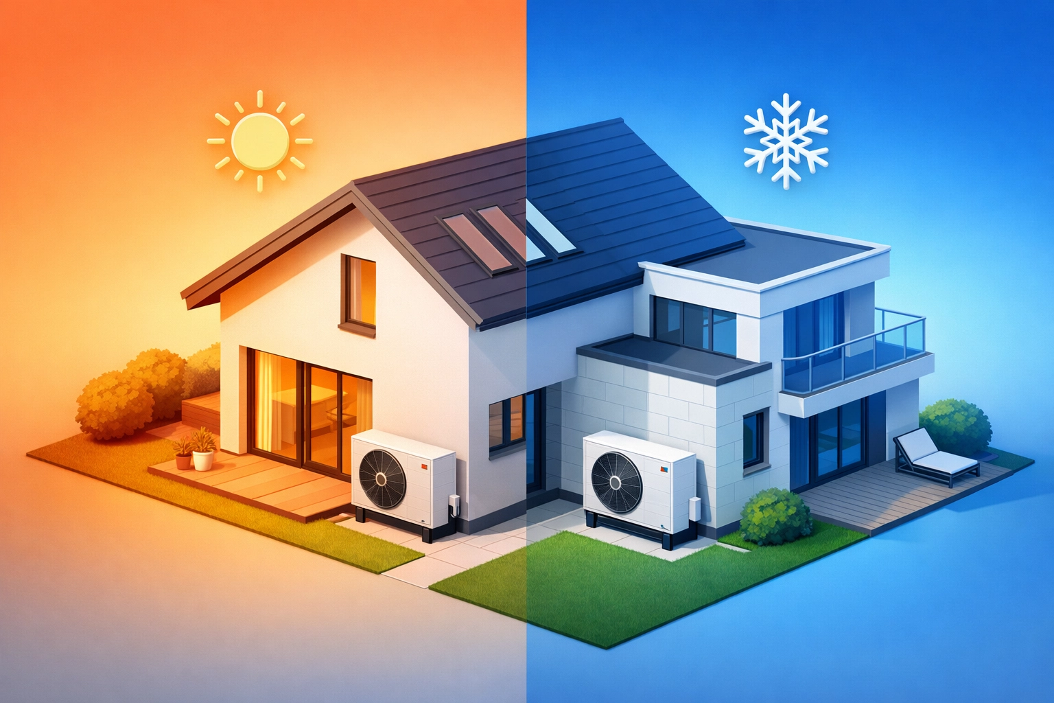 Isometric illustration of a Farnham home using an air source heat pump for efficient heating and cooling.