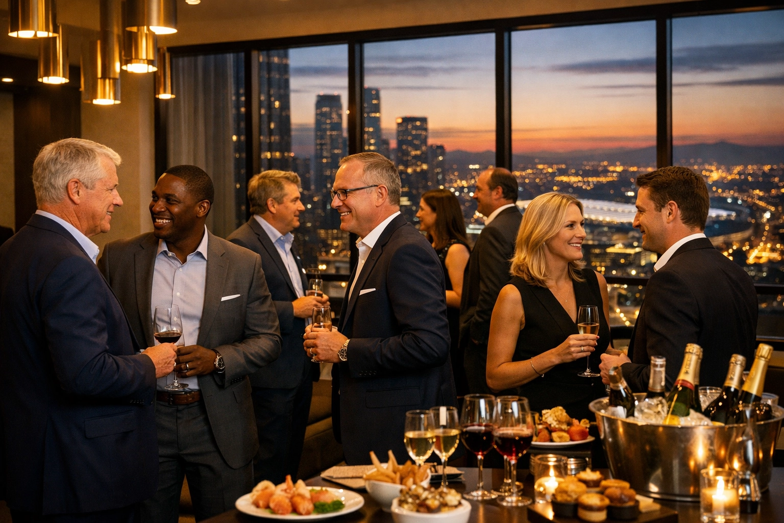 Super Bowl Branding Blitz: How to Maximize Your Company's ROI with Strategic Executive Presence Corporate executives networking at exclusive Super Bowl pre-game reception venue