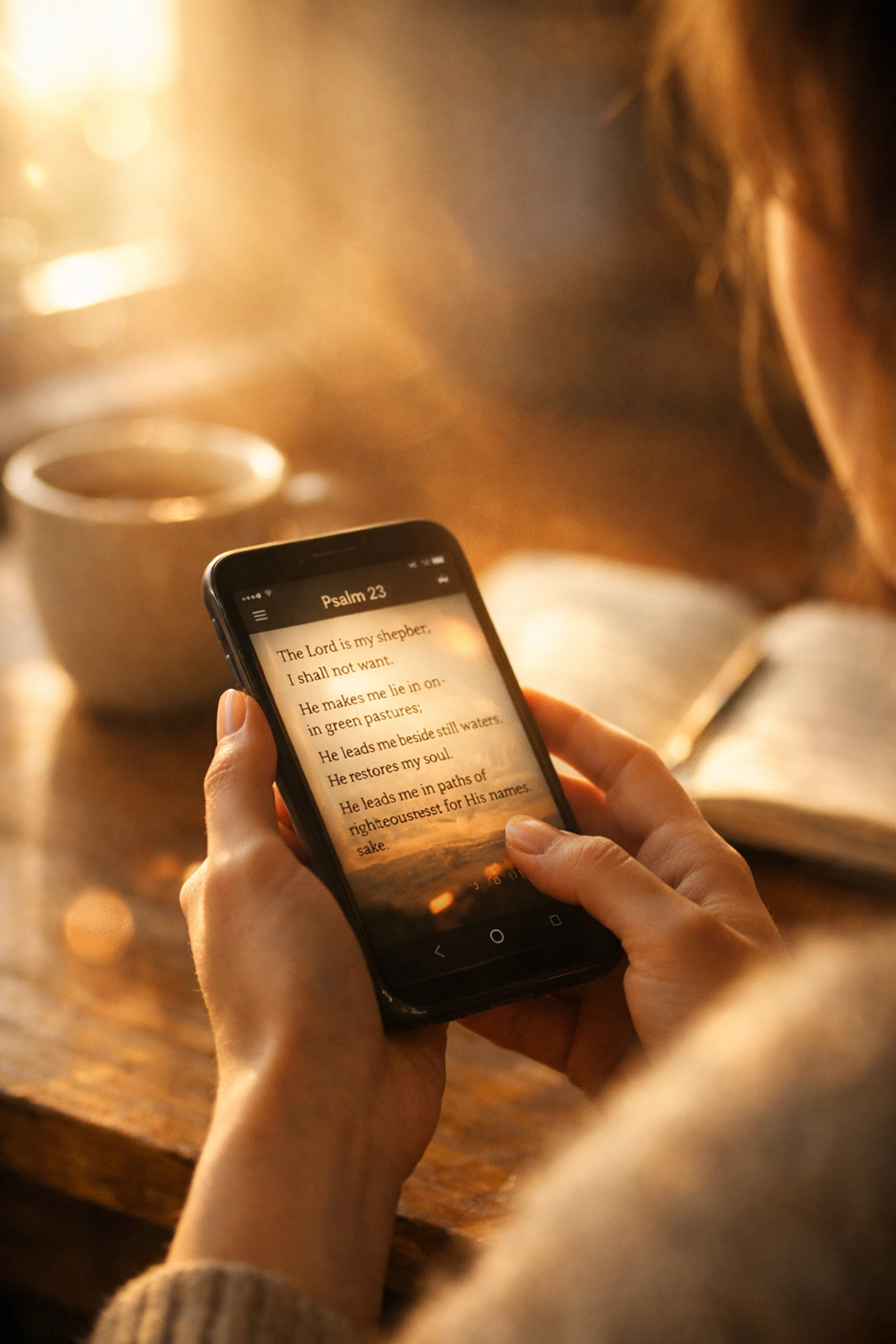 Seorang wanita membaca aplikasi Alkitab di ponselnya saat berdoa di pagi hari.