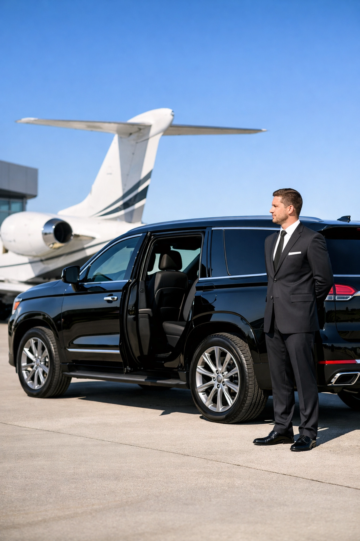 Private chauffeur and luxury SUV at an aviation terminal for seamless Super Bowl executive transport.