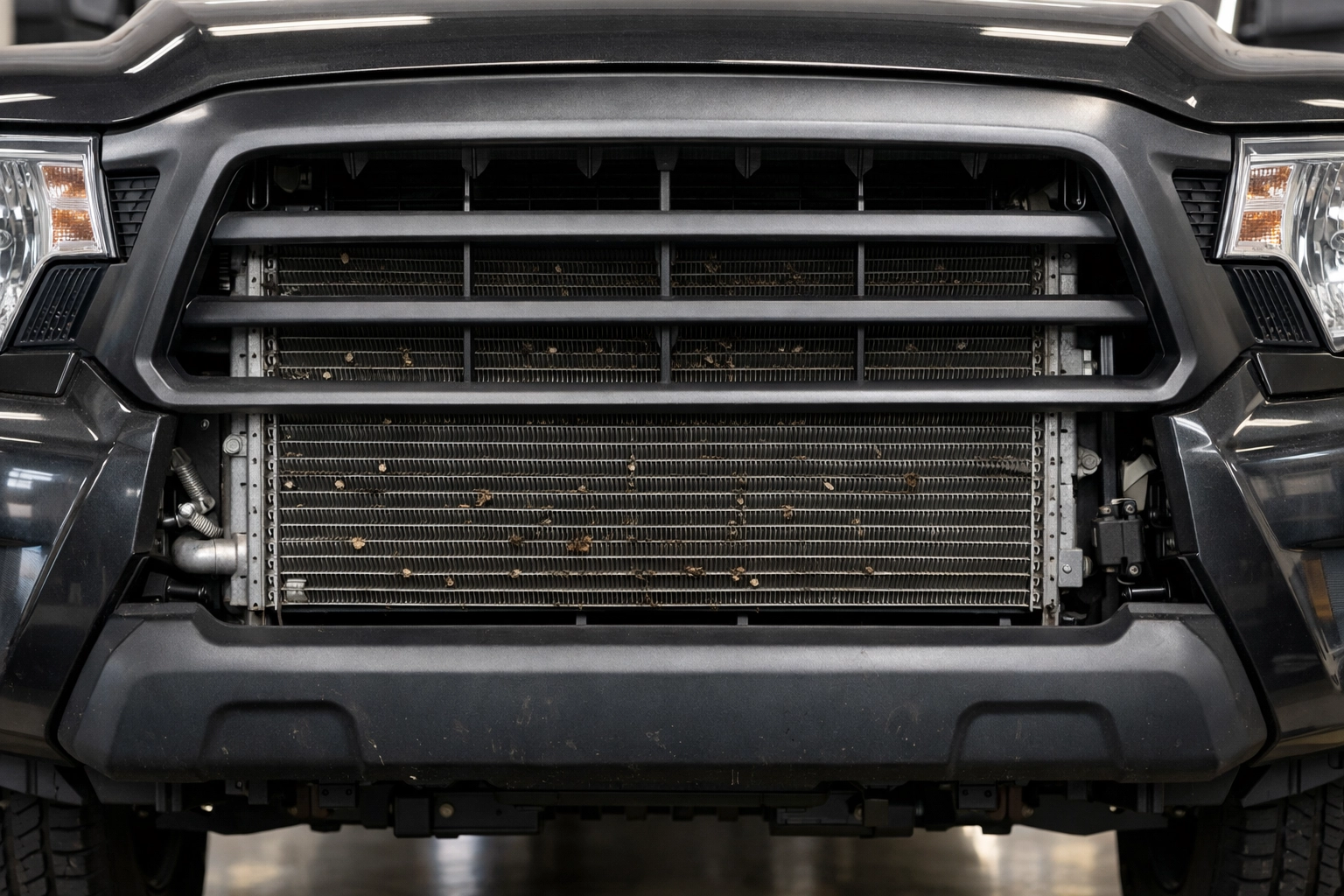 Vehicle A/C condenser visible behind grille with light debris on fins, clean workshop setting