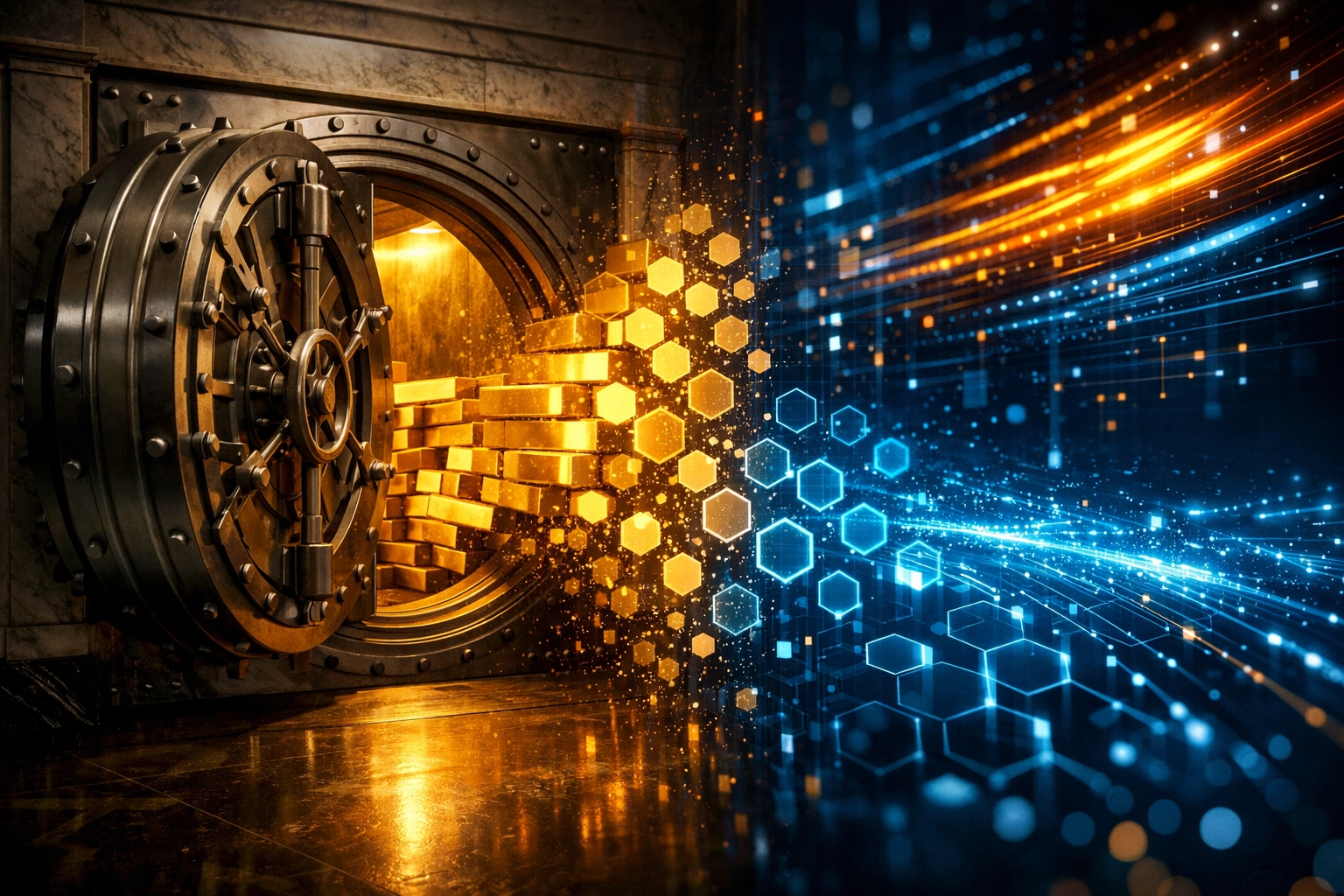 Traditional bank vault transitioning to digital Bitcoin assets for institutional investors
