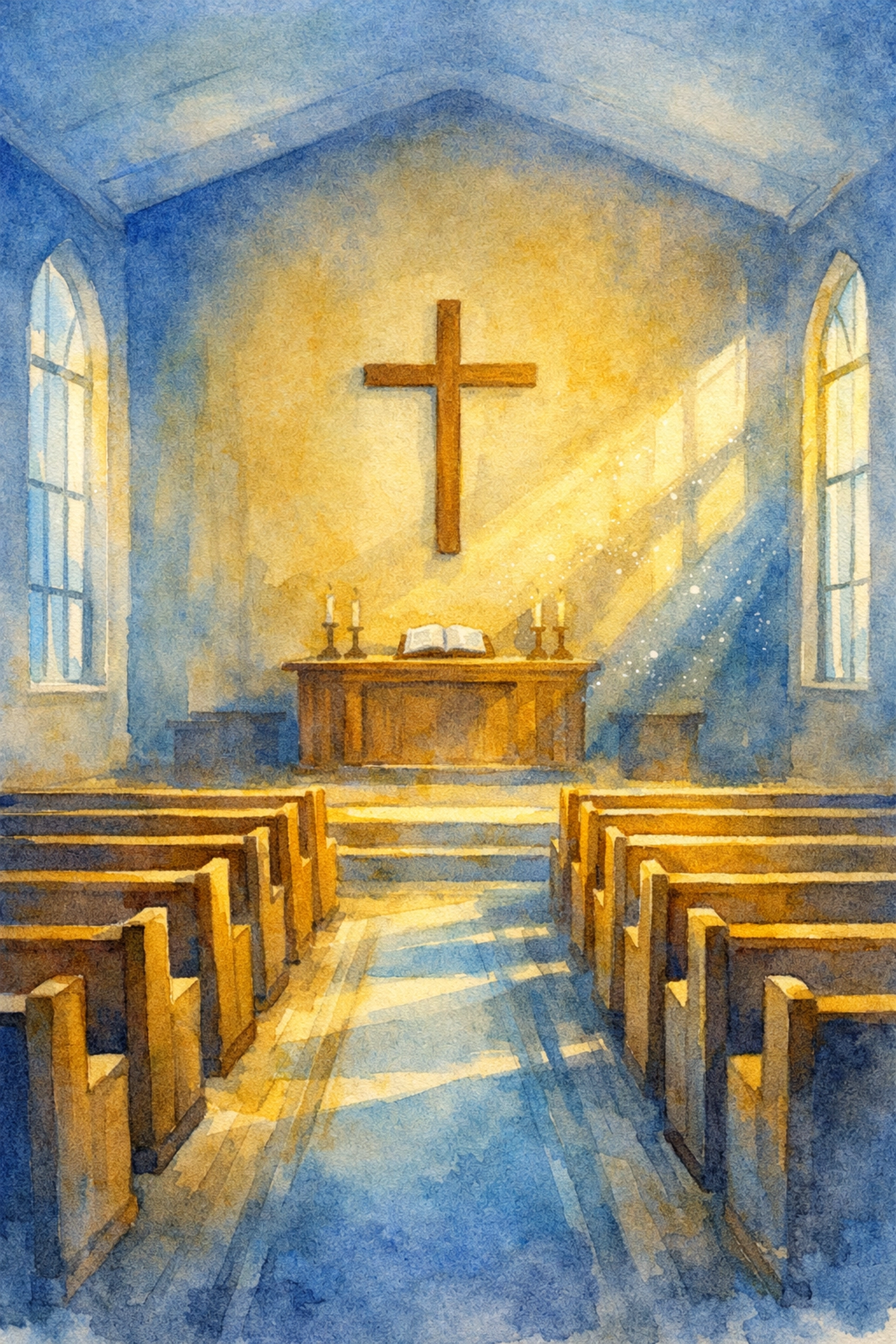 Empty church sanctuary with morning light streaming through windows on Sunday morning