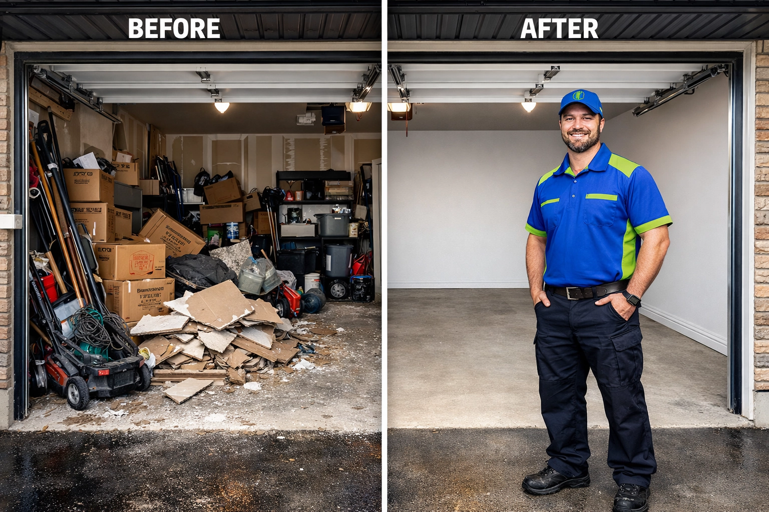 Professional garage cleanout in Bradford showing a transformation from cluttered to functional space.