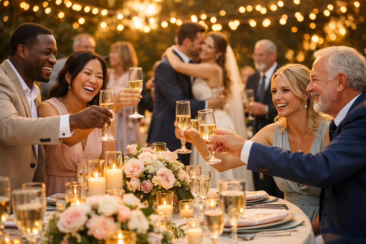 Wedding guests celebrating and toasting at elegant reception with candlelight